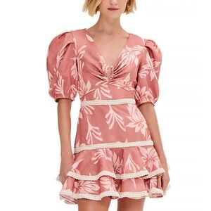 PatBO Pink Puff Sleeve Tiered Mini Dress